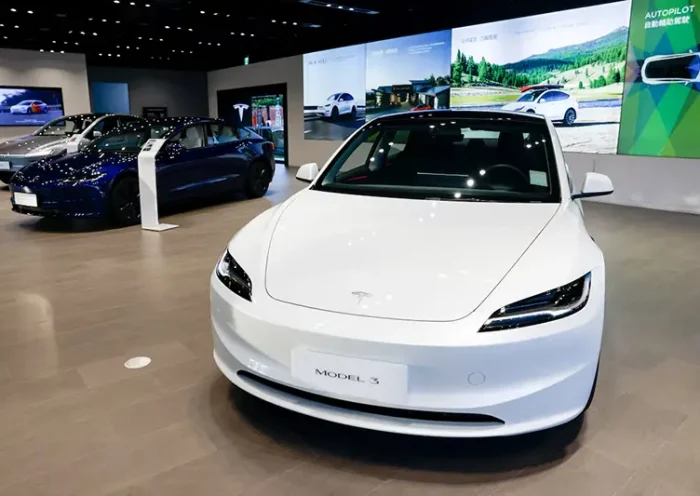 A Tesla model 3 is pictured inside a showroom, as the U.S. prepares to announce tariffs on Taiwan, in Taipei, Taiwan July 31, 2025. REUTERS/Ann Wang