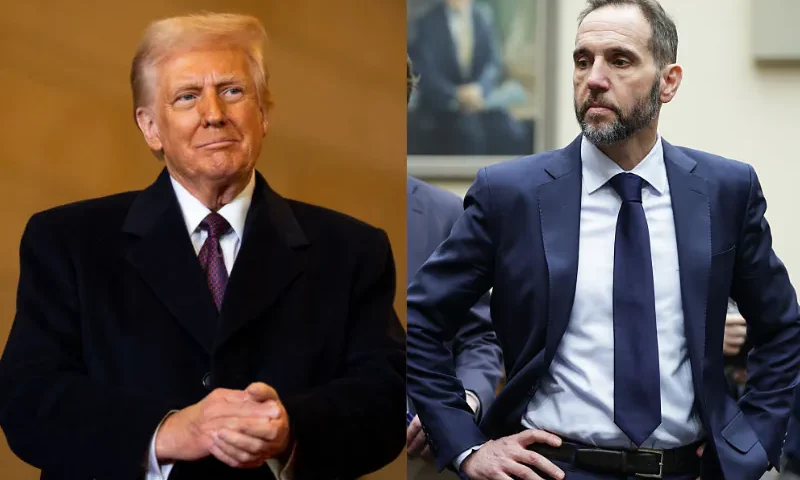 US President Donald Trump waits to speak in Emancipation Hall during inauguration ceremonies at the US Capitol in Washington, DC, on January 20, 2025. (Photo by Greg Nash / POOL / AFP) (Photo by GREG NASH/POOL/AFP via Getty Images)/ Former Special Counsel Jack Smith arrives to testify during a hearing before the House Judiciary Committee in the Rayburn House Office Building on Capitol Hill on January 22, 2026 in Washington, DC. Smith testified on his team's federal criminal investigations into President Donald Trump which included 2020 election interference and classified documents. (Photo by Alex Wong/Getty Images)