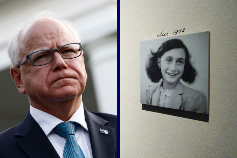 (L) Minnesota Gov. Tim Walz speaks to reporters after a meeting with U.S. President Joe Biden at the White House on July 03, 2024 in Washington, DC. (Photo by Anna Moneymaker/Getty Images) / (R) The new Anne Frank exhibit at The United States Holocaust Memorial Museum in Washington, DC. (TIM SLOAN/AFP via Getty Images)