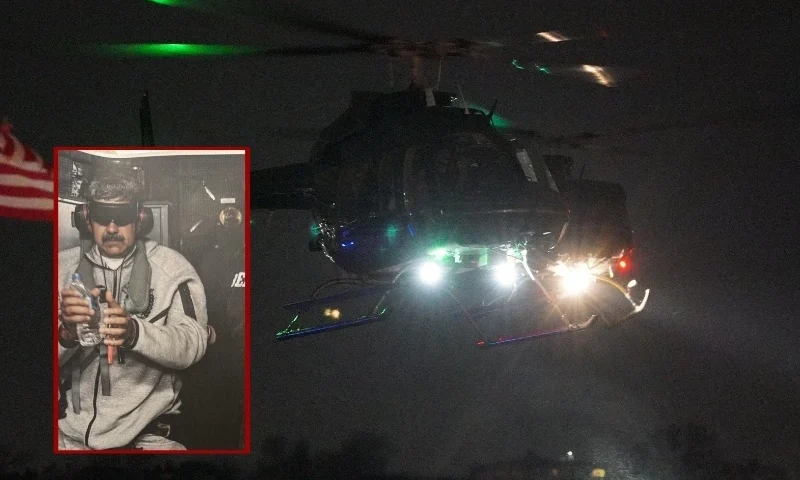 (Background) A helicopter carrying Venezuelan leader Nicolas Maduro arrives in Manhattan on January 03, 2026 in New York City. (Ryan Murphy/Getty Images) / (L) Image of captured Venezuela leader Nicolas Maduro via President Donald Trump on Truth Social