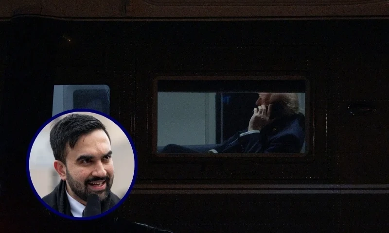(Background) U.S. President Donald Trump talks on the phone as he waits onboard Marine One to depart the Leesburg Executive Airport (Chip Somodevilla/Getty Images) / (L) Mayor Zohran Mamdani holds a press conference at Grand Army Plaza in New York City, New York, United States on January 2, 2026. (Jason Alpert-Wisnia / Hans Lucas / AFP via Getty Images)