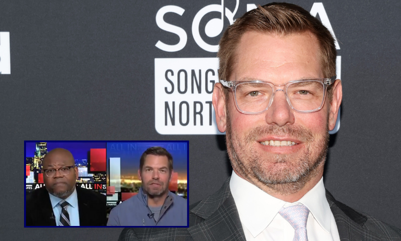 (L) Screenshot image taken via live MS NOW broadcast. / (Background) LOS ANGELES, CALIFORNIA - OCTOBER 12: Eric Swalwell attends the Songwriters of North America (SONA) Warrior Awards to support a unified voice protecting expression, compensation, and the rights of Songwriters and Composers worldwide at the Skirball Cultural Center on October 12, 2025 in Los Angeles, California. (Photo by Phillip Faraone/Getty Images for the Songwriters of North America (SONA) Warrior Awards)