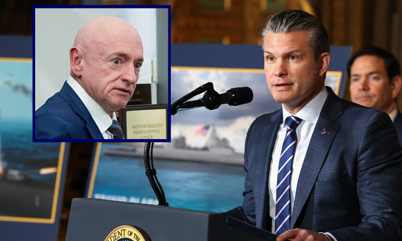 (L) US Senator Mark Kelly, Democrat of Arizona, exits the Senate subway on Capitol Hill in Washington, DC, January 6, 2026. (Photo by SAUL LOEB / AFP via Getty Images) / (Background) PALM BEACH, FLORIDA - DECEMBER 22: U.S. Secretary of War Pete Hegseth speaks alongside U.S. Secretary of State Marco Rubio as U.S. President Donald Trump announced the creation of the “Trump-class” battleship during a statement to the media at Trump’s Mar-a-Lago estate on December 22, 2025 in Palm Beach, Florida. Trump announced the new class of ship will become the centerpiece of his “Golden Fleet” program to rebuild and strengthen the U.S. shipbuilding industry. (Photo by Tasos Katopodis/Getty Images)