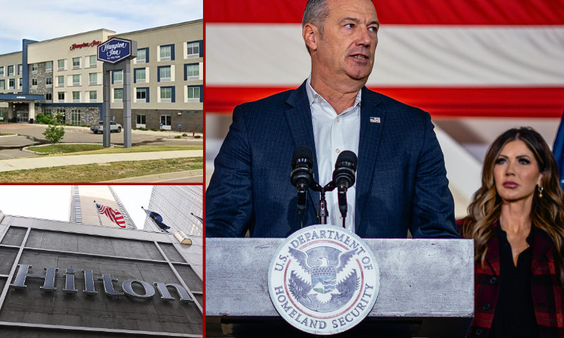 (L-Top) Google street view of Hampton Inn in Lakeville. / (L-bottom) NEW YORK, NEW YORK - DECEMBER 04: The Hilton Hotel in Midtown Manhattan stands where United Healthcare CEO Brian Thompson was fatally shot on December 04, 2024 in New York City. Brian Thompson was shot and killed before 7:00 AM this morning outside the Hilton Hotel, just before he was set to attend the company's annual investors' meeting. (Photo by Spencer Platt/Getty Images) / (R) GARY, INDIANA - OCTOBER 30: Acting Immigration and Customs Enforcement Director Todd Lyons (C) speaks during a press conference with U.S. Homeland Security Secretary Kristi Noem about ongoing immigration enforcement efforts in Chicago and its suburbs on October 30, 2025, in Gary, Indiana. Noem discussed new limits on commercial driver's licenses for non-citizens as part of the broader Operation Midway Blitz enforcement effort, a federal initiative by President Donald Trump's administration, across the Chicago region. (Photo by Jamie Kelter Davis/Getty Images)