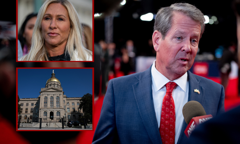 (L-Top) US Representative Marjorie Taylor Greene, Republican of Georgia attends a press conference on the "Epstein Files Transparency Act" at the US Capitol in Washington, DC on November 18, 2025. US lawmakers are expected to advance a bill on Tuesday requiring the release of government records on sex offender Jeffrey Epstein, in defiance of President Donald Trump's attempts to keep a lid on one of the country's most notorious case files. (Photo by DANIEL HEUER / AFP) (Photo by DANIEL HEUER/AFP via Getty Images) / (L-Bottom) ATLANTA, GEORGIA - AUGUST 15: The Georgia State Capitol on August 15, 2023 in Atlanta, Georgia. A Georgia grand jury handed up indictments against former President Donald Trump and his allies over his alleged efforts to undo the 2020 election results. (Photo by Joe Raedle/Getty Images) / (Background) ATLANTA, GEORGIA - JUNE 27: Georgia Gov. Brian Kemp speaks to a reporter in the CNN Spin Room ahead of a CNN Presidential Debate on June 27, 2024 in Atlanta, Georgia. President Joe Biden and Republican presidential candidate, former U.S. President Donald Trump will face off in the first presidential debate of the 2024 presidential cycle this evening. (Photo by Andrew Harnik/Getty Images)