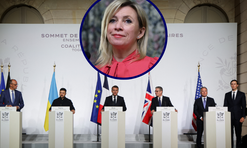 (Center) Spokeswoman of the Russian Foreign Ministry Maria Zakharova attends a press conference following talks between Russian Foreign Minister and Iranian Foreign Minister in Moscow on December 17, 2025. (Photo by Ramil Sitdikov / POOL / AFP via Getty Images) / (Background) (From L) Germany's Chancellor Friedrich Merz, Ukraine's President Volodymyr Zelensky, France's President Emmanuel Macron, Britain's Prime Minister Keir Starmer, US Special Envoy Steve Witkoff and US businessman Jared Kushner deliver a press conference upon the signing of the declaration on deploying post-ceasefire force in Ukraine during the Coalition of the Willing summit on security guarantees for Ukraine, at the Elysee Palace in Paris on January 6, 2026. The summit of the group of Ukraine supporters dubbed the "Coalition of the Willing" is the latest of several meetings planned for the new year as diplomatic efforts to end Europe's deadliest conflict since World War II have gained pace in recent weeks. (Photo by Ludovic MARIN / POOL / AFP via Getty Images)