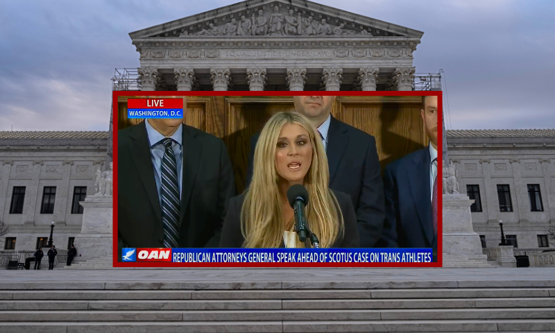 (Background) A view of the U.S. Supreme Court on Thursday morning January 4, 2024 in Washington, DC. Former President Donald Trump has petitioned the U.S. Supreme Court to keep his name on the primary ballot in Colorado. Earlier in December, the Colorado Supreme Court ruled 4-3 that former President Donald Trump is ineligible to run for the White House and appear on the state's ballot, citing the U.S. Constitution's insurrection clause in the 14th amendment. (Photo by Drew Angerer/Getty Images) / (Center) Footage obtained by One America News (OAN).