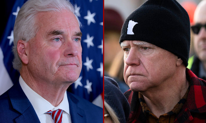 (Left) U.S. House Majority Whip Tom Emmer (R-MN) listens on December 02, 2025 in Washington, DC. (Photo by Anna Moneymaker/Getty Images) / (Right) Minnesota Gov. Tim Walz (R) on January 09, 2026 in St. Paul, Minnesota. (Photo by Stephen Maturen/Getty Images)