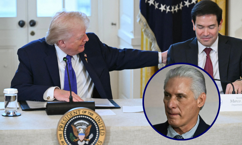 US President Donald Trump (L) speaks with US Secretary of State Marco Rubio (R) during a meeting with US oil companies executives in the East Room of the White House in Washington, DC on January 9, 2026. P(Photo by SAUL LOEB / AFP via Getty Images) / (R) (COMBO) This combination of pictures created on January 11, 2026 shows Cuba's President and First Secretary Miguel Diaz-Canel (L) before a family photo during the BRICS summit in Rio de Janeiro, Brazil, on July 7, 2025; and US President Donald Trump as he boards Air Force One before travelling to South Korea, at Haneda Airport in Tokyo on October 29, 2025. US President Donald Trump urged Cuba on January 11, 2026 to "make a deal before it's too late" or face unspecified consequences, warning that the flow of Venezuelan oil and money to Havana would now stop. (Photo by Mauro PIMENTEL and ANDREW CABALLERO-REYNOLDS / AFP via Getty Images)