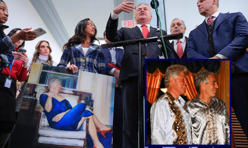 (Background) WASHINGTON, DC - JANUARY 13: House Oversight and Government Reform Committee Chairman James Comer (R-KY) (C) talks to reporters along with members of the committee, (L-R) Rep. Lauren Boebert (R-CO), Rep. Andy Biggs (R-AZ) and Rep. Scott Perry (R-PA), after former President Bill Clinton did not appear for a closed-door deposition in the Rayburn House Office Building on Capitol Hill on January 13, 2026 in Washington, DC. Boebert holds a copy of Australian artist Petrina Ryan‑Kleid's painting "Parsing Bill", which was allegedly displayed in deceased child sex offender and financier Jeffrey Epstein's home. Comer threatened to hold Clinton and former first lady and Secretary of State Hillary Clinton in contempt of Congress if they do not testify as part of the committee's investigation into Epstein. (Photo by Chip Somodevilla/Getty Images) / (R) One of the images released by the U.S. Department of Justice in December 2025 as part of the Epstein files, believed to be taken sometime in the early 2000's.