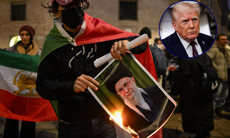 (R) President Donald Trump takes questions on January 11, 2026. (Photo by Samuel Corum/Getty Images) (Background) Anti-Iranian regime protester burns a photo depicting Ali Khamenei, Supreme Leader of Iran, during a gathering on January 13, 2026. (Photo by Piero CRUCIATTI / AFP via Getty Images)
