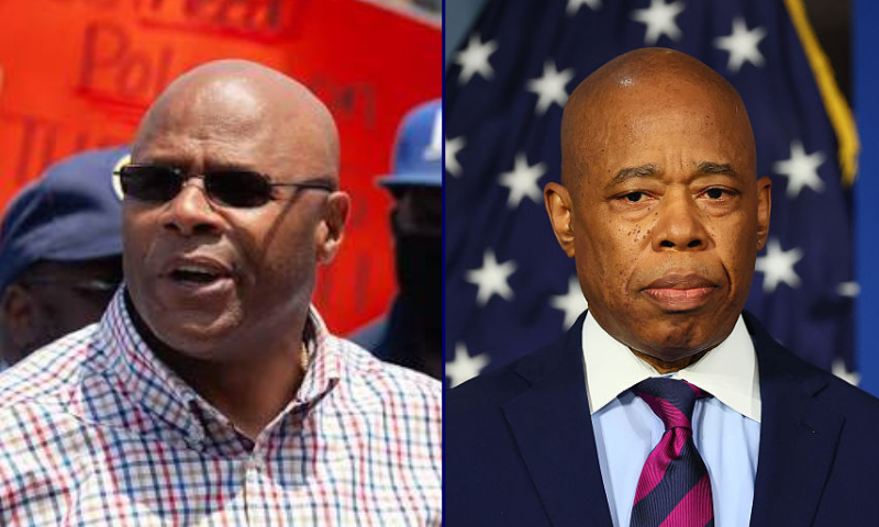 NEW YORK, NEW YORK - JUNE 03: New York Mayor Eric Adams stands silently as NYPD Commissioner Jessica Tisch speaks during a press conference on Public Safety at City Hall on June 03, 2025 in New York City. Adams and NYPD Commissioner Jessica Tisch held a press conference announcing the lowest number of shootings and homicides in recorded history during the first five months of 2025. (Photo by Michael M. Santiago/Getty Images)
