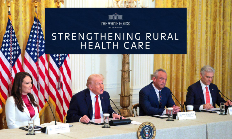 (Background) WASHINGTON, DC - JANUARY 16: U.S. President Donald Trump speaks as (L-R) U.S. Secretary of Agriculture Brooke Rollins, U.S. Secretary of Health and Human Services Robert F. Kennedy Jr. and Administrator for the Centers for Medicare & Medicaid Services Mehmet Oz look on during a "Great, Historic Investment in Rural Health Roundtable" in the East Room of the White House on January 16, 2026 in Washington, DC. Trump promoted a 50-state, $50 billion rural health program that aims to help communities where hospitals are struggling and residents have a hard time finding care, made worse by Republican-led Medicaid cuts that were part of 2025's One Big Beautiful Bill. (Photo by Chip Somodevilla/Getty Images) / (Center) White House graphic for Rural Health Transformation Program.