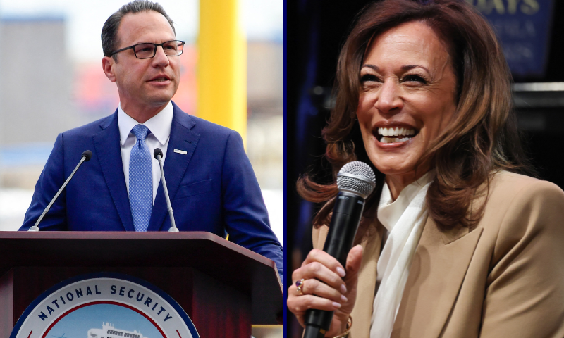 (L)Governor of Pennsylvania Josh Shapiro speaks to the crowd during a Christening event for the TS State of Maine at the Hanwha Philly Shipyard in Philadelphia on August 26, 2025. (Photo by Matthew Hatcher / AFP) (Photo by MATTHEW HATCHER/AFP via Getty Images) / (R) LOS ANGELES, CALIFORNIA - SEPTEMBER 29: Former U.S. Vice President Kamala Harris speaks at the Wiltern Theatre on September 29, 2025 in Los Angeles, California. Harris is in the midst of a 15-city book tour following the release of her new book “107 Days,” recounting her presidential campaign against President Donald Trump. (Photo by Mario Tama/Getty Images)