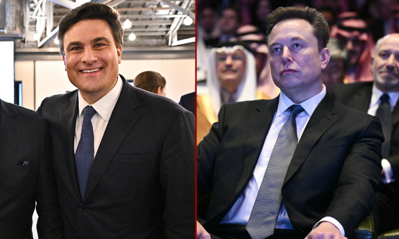 (L) LEXINGTON, KENTUCKY - APRIL 06: Chairman & CEO of Rubicon, Nate Morris poses with guests at the 2022 Concordia Lexington Summit reception at Lexington Marriott City Center on April 06, 2022 in Lexington, Kentucky. (Photo by Jon Cherry/Getty Images for Concordia) / (R) Elon Musk looks on as US President Donald Trump speaks at the US-Saudi Investment Forum at the John F. Kennedy Center for the Performing Arts in Washington, DC on November 19, 2025. (Photo by Brendan SMIALOWSKI / AFP) (Photo by BRENDAN SMIALOWSKI/AFP via Getty Images)