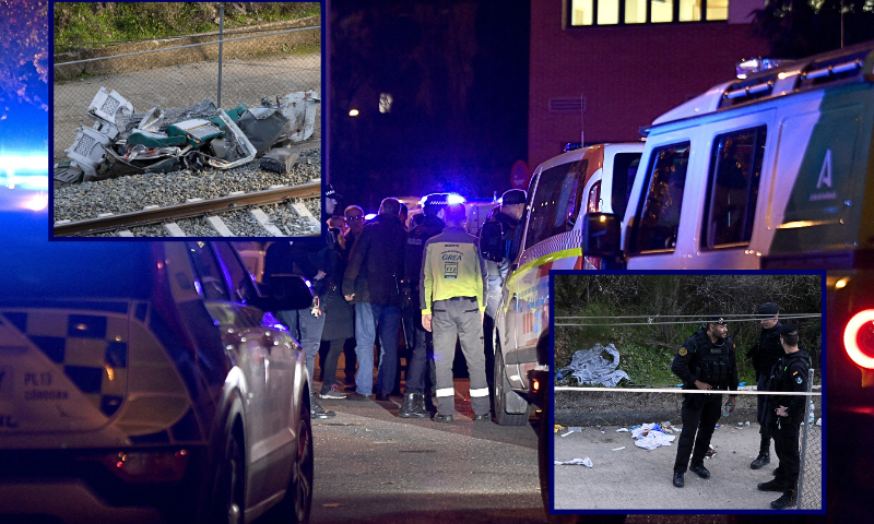 (L) ADAMUZ, SPAIN - JANUARY 19: Remains from a crashed train lay on the side of the train tracks on January 19, 2026 after yesterday's train collision in Adamuz, Spain. Authorities say at least 39 were killed and more than 150 were injured when a train collided with a derailed train on the evening of Sunday, Jan. 18. (Photo by Pablo Blazquez Dominguez/Getty Images) / (R) ADAMUZ, SPAIN - JANUARY 19: Police secure the area next to a crashed train on January 19, 2026 after yesterday's train collision in Adamuz, Spain. Authorities say at least 39 were killed and more than 150 were injured when a train collided with a derailed train on the evening of Sunday, Jan. 18. (Photo by Pablo Blazquez Dominguez/Getty Images) / (Background) Protection civil vehicles and relatives arrive at the emergency center set near the site where a high-speed Iryo train derailed and was hit by another train as rescue efforts continue in Adamuz, southern Spain, on January 19, 2026. At least 40 people died and more than 120 injured in the deadliest train accident in Spain in over a decade. The crash happened on January 18, 2026 evening when a train operated by rail company Iryo travelling from Malaga to Madrid derailed near Adamuz, crossing onto the other track where it crashed into an oncoming train, which also derailed. (Photo by CRISTINA QUICLER / AFP via Getty Images)