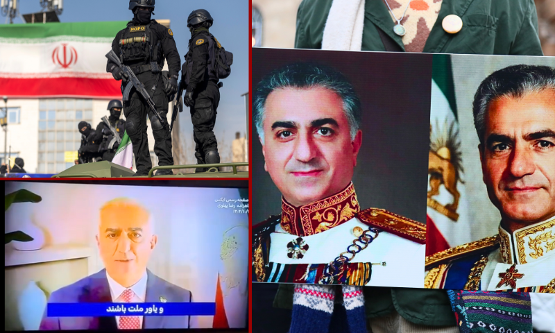 (L-top) Security forces are seen on January 12, 2026 in Tehran, Iran. (Photo by Stringer/Getty Images) / (L-bottom) Photo screenshot from video posted by Open Source Intel. (R) Demonstrators gather during the "National March for a Free Iran," on January 18, 2026. (Photo by Alishia Abodunde/Getty Images)