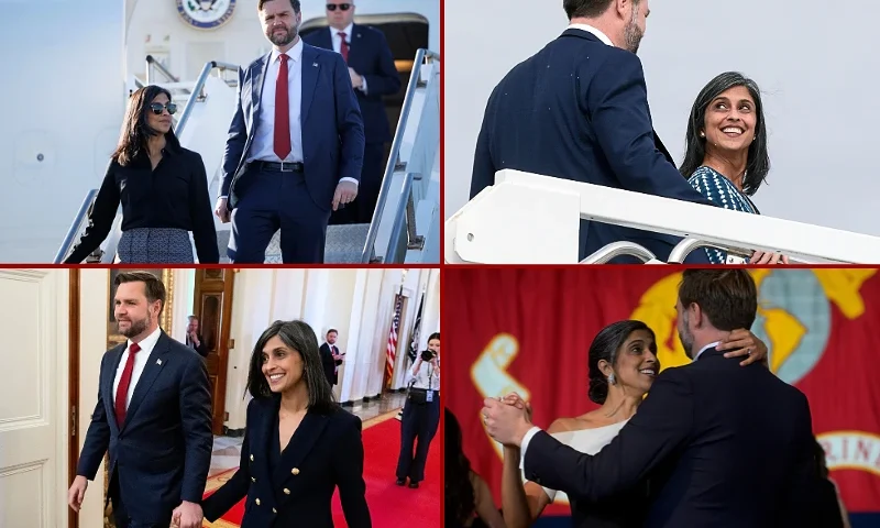 (L-top)ALLENTOWN, PA - DECEMBER 16: Vice President JD Vance and his wife Usha Vance exit Air Force Two on December 16, 2025 at Lehigh Valley International Airport in Allentown, Pennsylvania. Vance is flying to Pennsylvania, where he is expected to make remarks on the economy later in the day. (Photo by Tom Brenner-Pool/Getty Images) / (L-bottom)US Vice President JD Vance and Second Lady Usha Vance arrive for President Donald Trump to sign an executive order on foster children and families in the East Room of the White House in Washington, DC, November 13, 2025. The executive order will be focused on supporting foster youth transitioning out of the system to adulthood by expanding and enhancing access to education, workforce and career development, digital resources, and other supports. (Photo by SAUL LOEB / AFP) (Photo by SAUL LOEB/AFP via Getty Images) / (R-top)JOINT BASE ANDREWS, MD - OCTOBER 29: U.S. Vice President JD Vance and second lady Usha Vance board Air Force Two on October 29, 2025 at Joint Base Andrews, Maryland. Vance is traveling to attend a Turning Point USA event with Charlie Kirk's widow, Erika Kirk, in Mississippi. (Photo by Jonathan Ernst-Pool/Getty Images) / (R-bottom) US Vice President JD Vance dances with US Second Lady Usha Vance at the Marine Ball at the Washington Hilton, November 8, 2025, in Washington, DC. (Photo by Rod Lamkey / POOL / AFP) (Photo by ROD LAMKEY/POOL/AFP via Getty Images)