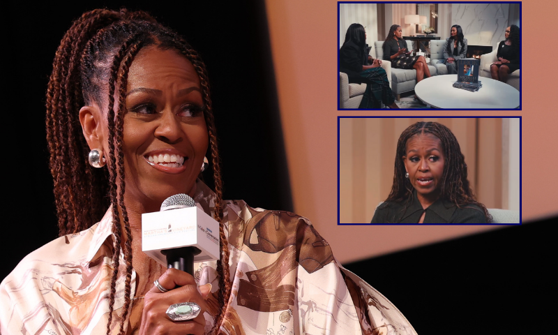 (Background) Michelle Obama speaks on August 09, 2025 in Martha's Vineyard, Massachusetts. (Photo by Arturo Holmes/Getty Images) / (R-top/R-bottom) Photo screenshots taken of video posted by X account @EndWokeness