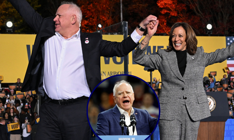 (Background) US Vice President and Democratic presidential candidate Kamala Harris and her vice presidential running mate Minnesota Governor Tim Walz greet supporters during a campaign rally in Ann Arbor, Michigan, October 28, 2024. (Photo by Drew ANGERER / AFP) (Photo by DREW ANGERER/AFP via Getty Images) / (Center) Minnesota Governor and Democratic vice presidential candidate Tim Walz speaks during a campaign rally in support of Vice President and Democratic presidential candidate Kamala Harris, at Alliant Center in Madison, Wisconsin, on October 22, 2024. (Photo by KAMIL KRZACZYNSKI / AFP) (Photo by KAMIL KRZACZYNSKI/AFP via Getty Images)