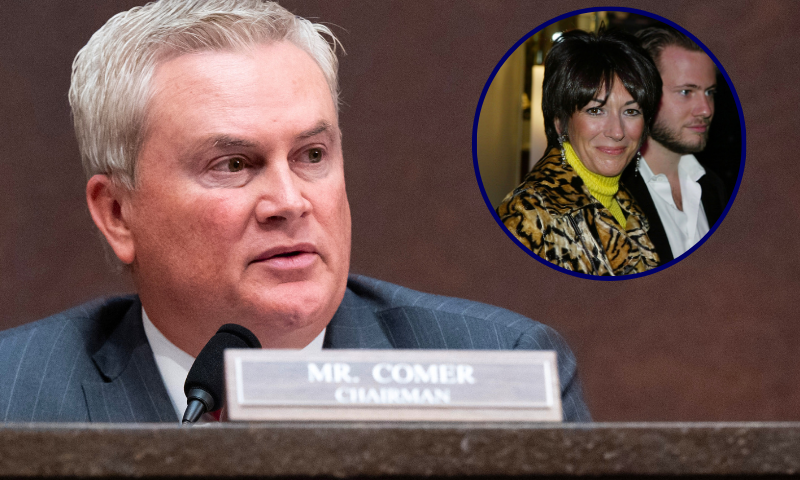 (Background) US Representative James Comer, Republican of Kentucky and chairman of the House Committee on Oversight and Government Reform, speaks during a markup committee meeting on holding former US President Bill Clinton and former US Secretary of State Hillary Clinton in Contempt of Congress for refusal to comply with a subpoena issued by the committee, on Capitol Hill in Washington, DC, January 21, 2026. A US House panel was set to vote Wednesday on whether to launch contempt of Congress proceedings against Bill and Hillary Clinton over their refusal to testify before its politically charged investigation into sex offender Jeffrey Epstein. (Photo by SAUL LOEB / AFP via Getty Images) / (R) NEW YORK - DECEMBER 8: Socialite Ghislane Maxwell with an unidentified male companion attends the Opening of the Asprey Flagship Store on 5th Avenue December 8, 2003 in New York City. (Photo by Mark Mainz/Getty Images)