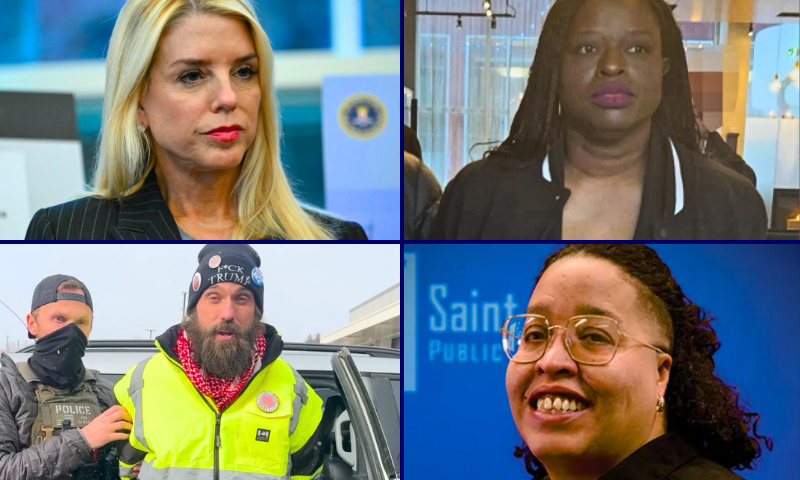 (L-top) U.S. Attorney General Pam Bondi on October 15, 2025. (Photo by ANDREW CABALLERO-REYNOLDS/AFP via Getty Images) / (L-bottom) William Kelly. (Photo via: DHS via Secy. Kristi Noem) / (R-top) Nekima Levy Armstrong (Photo via: DHS via Secy. Kristi Noem) / (R-bottom) Chauntyll Louisa Allen. (Photo via: St. Paul Public Schools)
