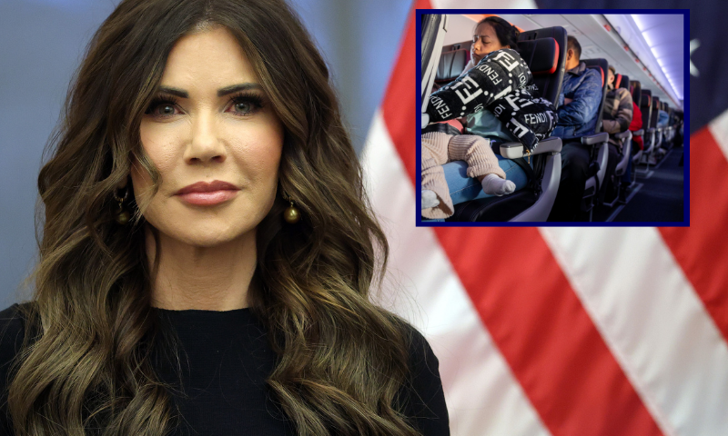 (Background) U.S. Secretary of Homeland Security Kristi Noem participates in the Assumption of Command Ceremony for U.S. Coast Guard Commandant Adm. Kevin E. Lunday at the U.S. Coast Guard Headquarters in Washington, DC. (Photo by Kevin Dietsch/Getty Images) / (R) IN FLIGHT - OCTOBER 27: Undocumented Ecuadorian mother Andrea, 28, holds her U.S.-born daughter Shanell, 7 months, while sleeping on their flight to Ecuador from JFK International Airport on October 27, 2025 in flight. She decided to "self deport" with her children after her husband was detained by U.S. Immigration and Customs Enforcement (ICE) agents and later deported to Ecuador due to his undocumented status. Unable to work and care for her children without spousal support, she chose to return to Ecuador with the help of the aid group Danbury Unites, whose donors purchased their air tickets to Quito and volunteers assisted with the logistics of moving. Andrea said she chose not to use the Trump Administration's app CBP Home, fearing that by sharing personal information with ICE, she could be permanently separated from her two children during the "self deportation" process. Like other small immigrant community aid organizations around the United States, Danbury Unites' Post-Disappearance Support Group strives to provide such vulnerable families whose loved ones have been detained with a modicum of safety while offering both emotional and tangible support by connecting immigrants to resources, regardless of whether they decide to stay in the U.S. or leave. Such groups have provided a humanitarian lifeline to many immigrant communities currently living in fear across the United States, as ICE expands its operations with the express mandate of mass deportations. (Photo by John Moore/Getty Images)