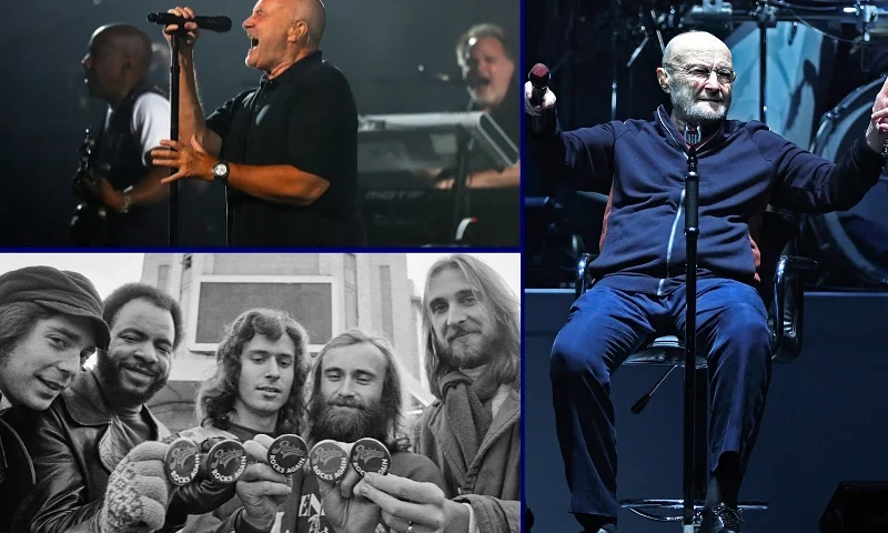 (L-top) Phil Collins on opening night on August 29, 2016 in the Flushing neighborhood of Queens. (Photo by Elsa/Getty Images) / (L-bottom) British rock band Genesis in London, UK, in January 1977. (Photo by Graham Wood/Evening Standard/Hulton Archive/Getty Images) / (R) British singer Phil Collins on March 16, 2022. (Photo by THOMAS COEX / AFP) (Photo by THOMAS COEX/AFP via Getty Images)