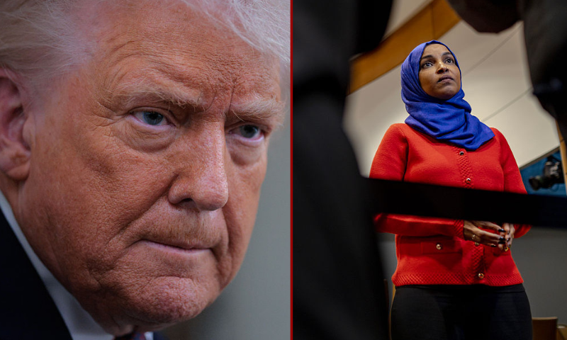 (Left)U.S. President Donald Trump speaks to reporters on board Air Force One. (Photo by Chip Somodevilla/Getty Images) / (Right) U.S. Rep. Ilhan Omar (D-MN) speaks at a press conference after a field hearing at the Minnesota Senate Building on in St Paul, Minnesota. (Photo by Jim Vondruska/Getty Images)