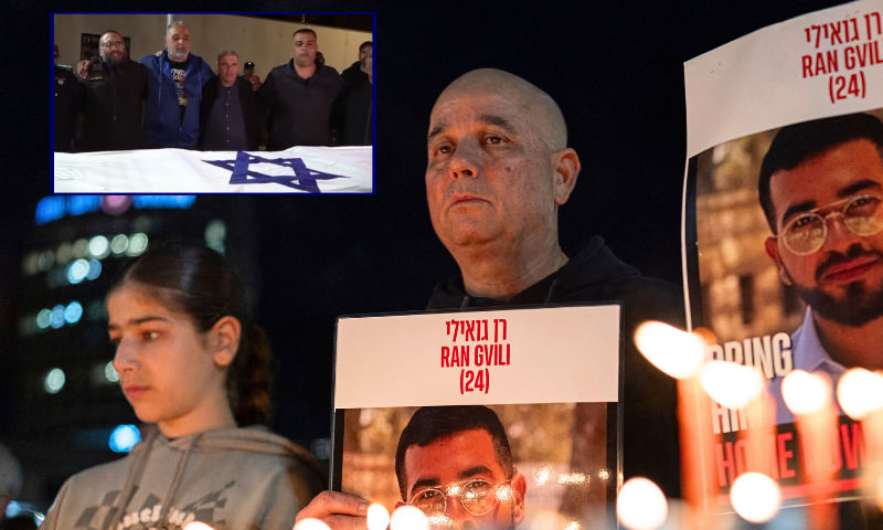 (L) Ran Gvili's father Itzik and the police commissioner singing the national anthem “Hatikvah” in front of Ran's coffin. (Screenshot via: Israeli Police). / (Background) Israelis light the 8th candle of Hannukah in Hostage Square holding placards bearing the face of Ran Gvili in Tel Aviv on December 21, 2025, as they call for the return of his remains. Of the 251 people taken hostage during Hamas's unprecedented October 7, 2023 attack that sparked the war in Gaza, all but the remains of Israeli Ran Gvili have been handed over. (Photo by ILIA YEFIMOVICH / AFP via Getty Images)