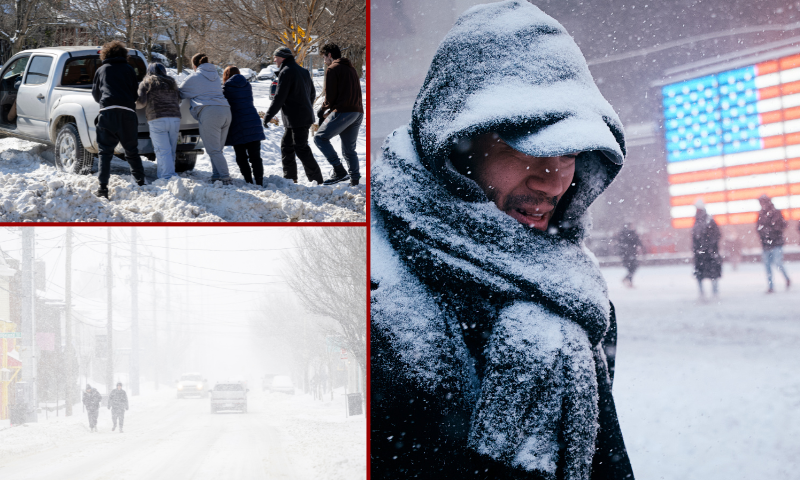 (L-top) LOUISVILLE, KENTUCKY - JANUARY 26: Community members gather to push a truck out of a snow pile following a major snow storm on January 26, 2026 in Louisville, Kentucky. A massive winter storm is bringing frigid temperatures, ice, and snow to millions of Americans across the nation. The storm has left at least 10 people dead and hundreds of thousands without power. (Photo by Jon Cherry/Getty Images)/ (L-bottom) LOUISVILLE, KENTUCKY - JANUARY 25: People walk the streets in near whiteout conditions on January 25, 2026 in Louisville, Kentucky. A massive winter storm is bringing frigid temperatures, ice, and snow to nearly 200 million Americans. (Photo by Jon Cherry/Getty Images) / (R) NEW YORK, NEW YORK - JANUARY 25: A man walks in Times Square during a snowstorm on January 25, 2026 in New York City. A massive winter storm is bringing frigid temperatures, ice, and snow to nearly 200 million Americans. (Photo by Andres Kudacki/Getty Images)