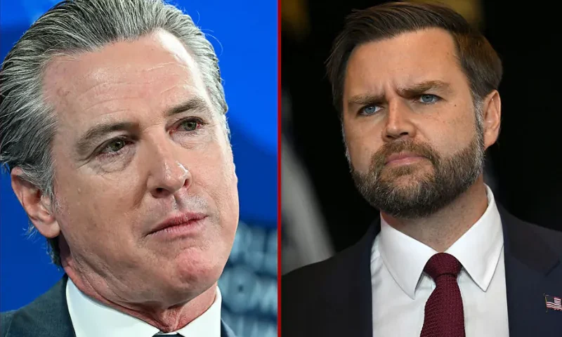 (Right) U.S. Vice President JD Vance gives remarks following a roundtable discussion with local leaders and community members amid a surge of federal immigration authorities in the area, at Royalston Square on in Minneapolis, Minnesota. (Photo by Brandon Bell/Getty Images) / (Left) US Governor Of California Gavin Newsom looks on during the World Economic Forum (WEF) annual meeting in Davos. (Photo by Fabrice COFFRINI / AFP via Getty Images)