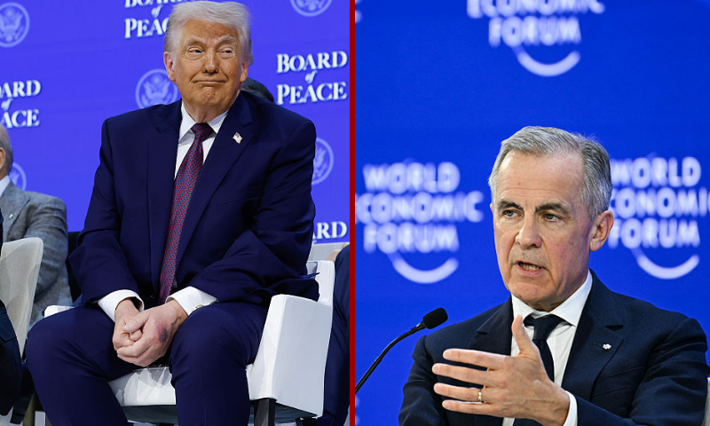 Canada's Prime Minister Mark Carney gestures as he speaks during the World Economic Forum (WEF) annual meeting in Davos on January 20, 2026. The World Economic Forum takes place in Davos from January 19 to January 23, 2026. (Photo by Fabrice COFFRINI / AFP via Getty Images)DAVOS, SWITZERLAND - JANUARY 22: U.S. President Donald Trump (C) sits in between Prime Minister of Armenia Nikol Pashinyan (L) and Azerbaijan President Ilham Aliyev during a signing ceremony for the “Board of Peace” at the World Economic Forum (WEF) on January 22, 2026 in Davos, Switzerland. The US-backed “Board of Peace” is intended to administer the fragile ceasefire in the Gaza Strip after the war between Israel and Hamas. The final makeup of the board has not been confirmed. (Photo by Chip Somodevilla/Getty Images)