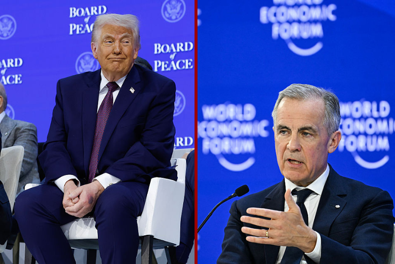Canada's Prime Minister Mark Carney gestures as he speaks during the World Economic Forum (WEF) annual meeting in Davos on January 20, 2026. The World Economic Forum takes place in Davos from January 19 to January 23, 2026. (Photo by Fabrice COFFRINI / AFP via Getty Images)DAVOS, SWITZERLAND - JANUARY 22: U.S. President Donald Trump (C) sits in between Prime Minister of Armenia Nikol Pashinyan (L) and Azerbaijan President Ilham Aliyev during a signing ceremony for the “Board of Peace” at the World Economic Forum (WEF) on January 22, 2026 in Davos, Switzerland. The US-backed “Board of Peace” is intended to administer the fragile ceasefire in the Gaza Strip after the war between Israel and Hamas. The final makeup of the board has not been confirmed. (Photo by Chip Somodevilla/Getty Images)