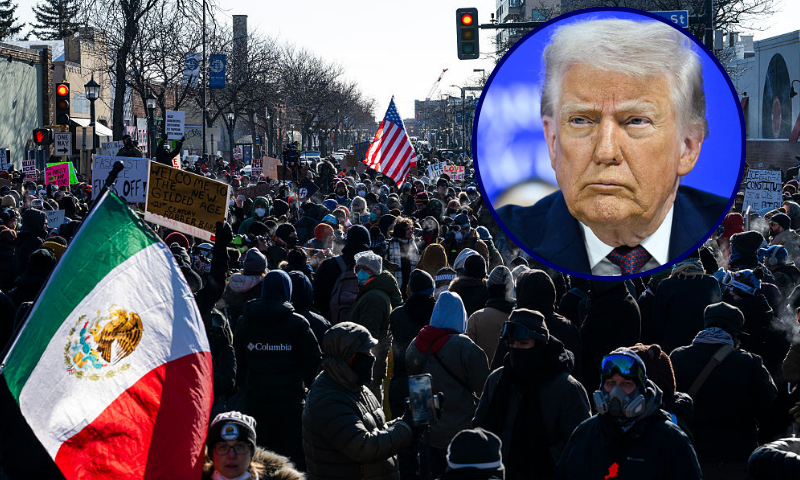 MINNEAPOLIS, MINNESOTA - JANUARY 24: People gather at the intersection of 26th Street and Nicollet Avenue after a fatal shooting by federal agents on January 24, 2026 in Minneapolis, Minnesota. Federal agents allegedly shot and killed 37-year-old Alex Pretti, a south Minneapolis resident, amid a scuffle to arrest him. The Trump administration has sent a reported 3,000 federal agents into the area, with more on the way, as they make a push to arrest undocumented immigrants in the region. (Photo by Stephen Maturen/Getty Images)/US President Donald Trump reacts at the "Board of Peace" meeting during the World Economic Forum (WEF) annual meeting in Davos on January 22, 2026. US President Donald Trump will show off his new "Board of Peace" at Davos on January 22, 2026 burnishing his claim to be a peacemaker a day after backing off his own threats against Greenland. Originally meant to oversee the rebuilding of Gaza after the war between Hamas and Israel, the board's charter does not limit its role to the Strip, and has sparked concerns that Trump wants it to rival the United Nations. (Photo by Mandel NGAN / AFP via Getty Images)