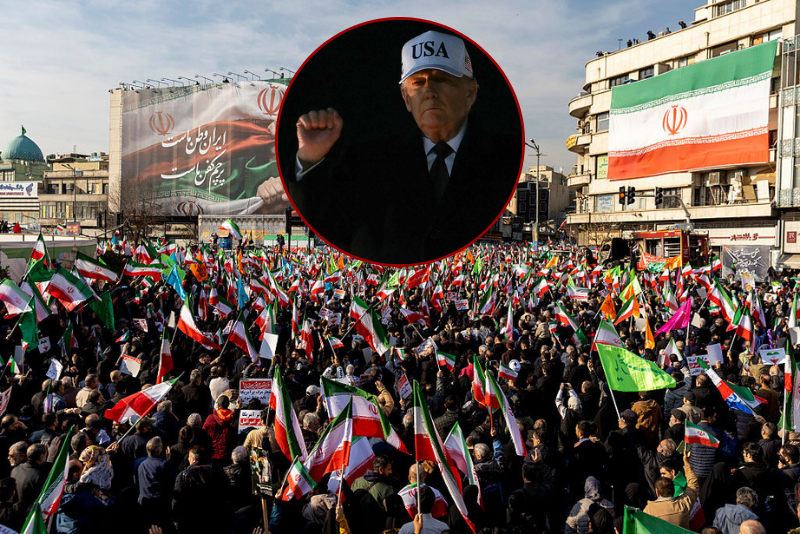 US President Donald Trump pumps his fist as he walks to board Marine One at Joint Base Andrews in Maryland on January 11, 2026. (Photo by ANDREW CABALLERO-REYNOLDS / AFP via Getty Images)TEHRAN, IRAN - JANUARY 12: A crowd gathers during a pro-government rally on January 12, 2026 in Tehran, Iran. Tens of thousands of demonstrators gathered in Tehran's Enqelab Square on Monday, as Mohammad Bagher Ghalibaf, speaker of the Iranian parliament, made a speech denouncing western intervention in Iran, following ongoing anti-government protests. In recent days, US President Donald Trump has repeatedly threatened military action if Iranian security forces kill protesters. (Photo by Stringer/Getty Images)