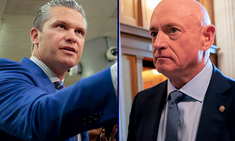 (L) U.S. Secretary of War Pete Hegseth speaks to the media following a closed door briefing with senators on the U.S. the capture of Venezuela’s Nicolas Maduro and his wife, Cilia Flores, at the U.S. Capitol on January 7, 2026 in Washington, DC. Maduro and Flores were taken to New York on January 3 after they were captured by the U.S. military in Caracas. (Photo by Heather Diehl/Getty Images) / (R) Senator Mark Kelly (D-AZ) leaves the Senate floor after speaking on January 12, 2026 in Washington, DC. Kelly spoke about the lawsuit he filed against United States Secretary of War Pete Hegseth's attempt to censure and demote him. (Photo by Heather Diehl/Getty Images)