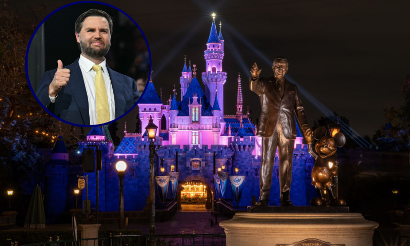 (Top left): J.D. Vance gives two thumbs at the Fiserv Forum in Milwaukee, Wisconsin, July 16, 2024. (Photo by ANGELA WEISS / AFP) / (Main photo) Sleeping Beauty Castle on April 26, 2021 at Disneyland Resort in Anaheim, California. (Photo by Christian Thompson/Disneyland Resort via Getty Images)
