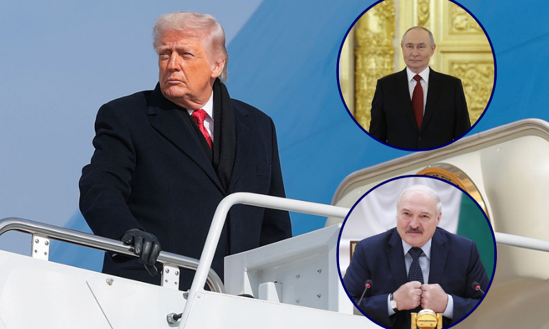 (Main photo): U.S. President Donald Trump boards Air Force One on January 16, 2026 in Joint Base Andrews, Maryland. (Photo by Anna Moneymaker/Getty Images) / (Top right): Russia's President Vladimir Putin at the Grand Kremlin Palace in Moscow on January 15, 2026. (Photo by Ramil Sitdikov / POOL / AFP via Getty Images) / (Bottom right): Belarusian President Alexander Lukashenko in Minsk on May 28, 2021. (Photo by Dmitry Astakhov / POOL / AFP)