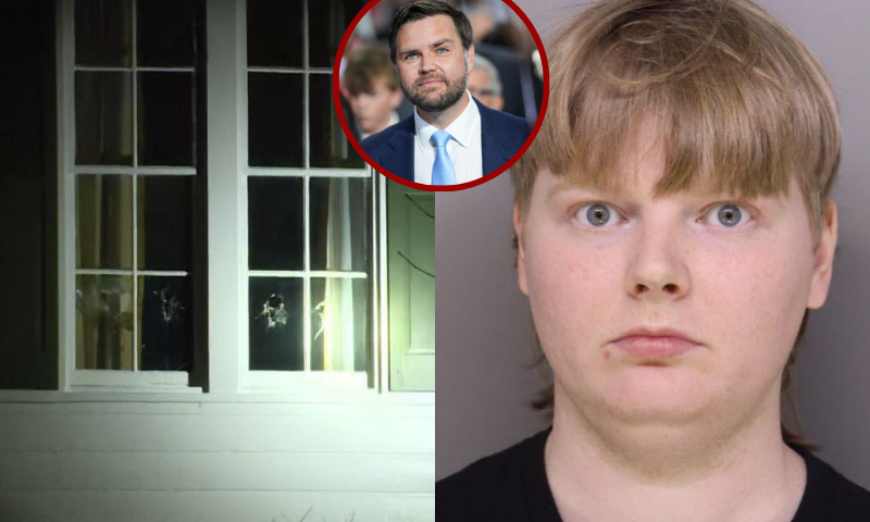 (L) Photos of JD Vance's home after an attempted break in (Photo: Via X) / (M) JD Vance at the Republican National Convention at the Fiserv Forum. (Photo by Andrew Harnik/Getty Images) / (R) 26-year-old William DeFoor's mugshot. (Photo: Hamilton County Sheriff's Office)