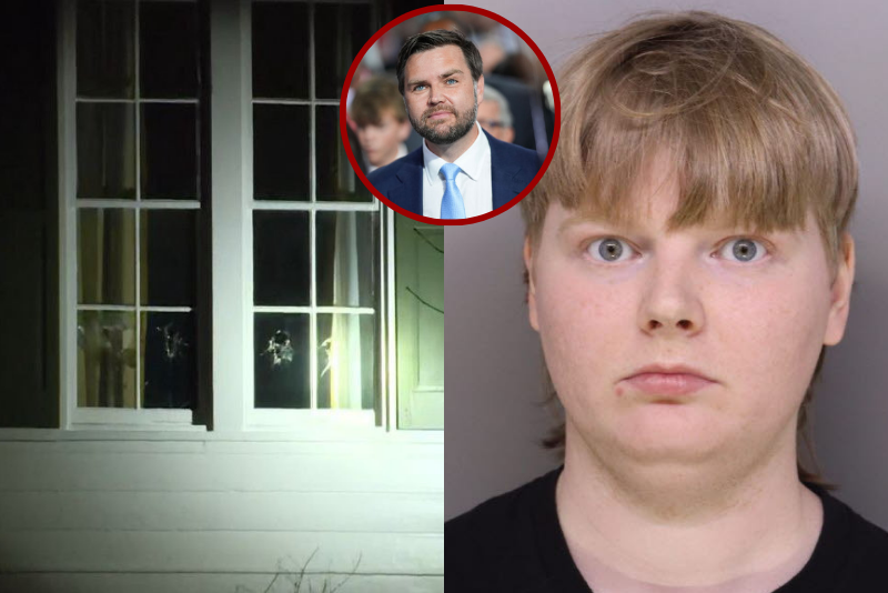 (L) 26-year-old William Defoors mugshot after an attempt breakin at JD Vance's Ohio Residence (Photo: Via X) / (M) Trump's pick for Vice President, U.S. Sen. J.D. Vance (R-OH) arrives on the first day of the Republican National Convention at the Fiserv Forum. (Photo by Andrew Harnik/Getty Images) / (R) Photos of JD Vance's home after an attempt break in (Photo: Via X)
