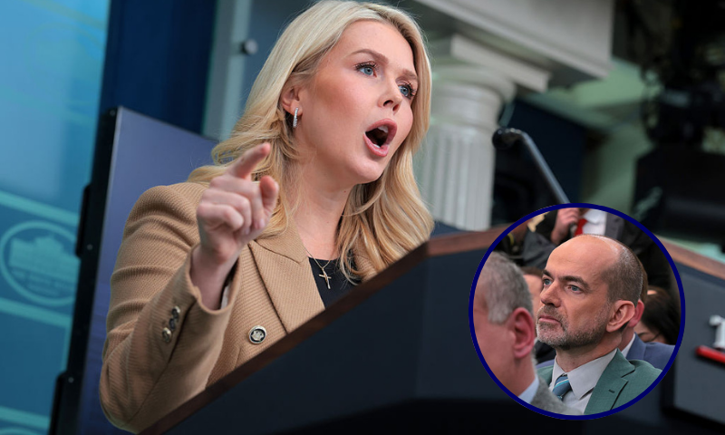 (Background) White House Press Secretary Karoline Leavitt speaks during a news briefing in the James S. Brady Press Briefing Room of the White House on January 15, 2026 in Washington, DC. Leavitt discussed mortgage rates, the Supreme Court case on transgender athletes participating in women’s sports and the Trump administration’s “Great Healthcare Plan,” among other topics. (Photo by Anna Moneymaker/Getty Images) / (R) Journalist Niall Stanage looks on during a news briefing in the James S. Brady Press Briefing Room of the White House on January 15, 2026 in Washington, DC. White House Press Secretary Karoline Leavitt discussed mortgage rates, the Supreme Court case on transgender athletes participating in women’s sports and the Trump administration’s “Great Healthcare Plan,” among other topics. (Photo by Anna Moneymaker/Getty Images)