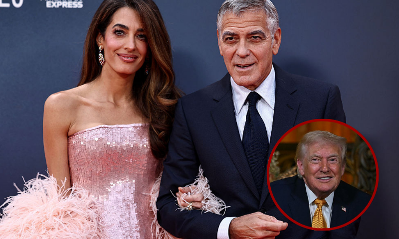 US actor George Clooney poses with his wife Amal Clooney on the red carpet upon arrival to attend the Gala screening of "Jay Kelly" at the Royal Festival Hall, during the 2025 BFI London Film Festival in London, on October 10, 2025. (Photo by HENRY NICHOLLS / AFP) (Photo by HENRY NICHOLLS/AFP via Getty Images) / US President Donald Trump participates in NORAD Santa tracker phone calls, on Christmas Eve, from the Mar-a-lago club in Palm Beach, Florida, on December 24, 2025. (Photo by ANDREW CABALLERO-REYNOLDS / AFP via Getty Images)
