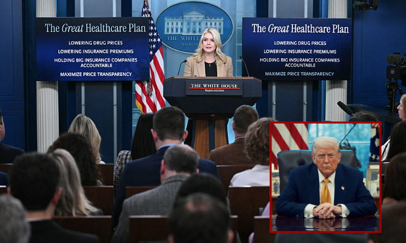 (Background) White House Press Secretary Karoline Leavitt speaks during a press briefing in the Brady Briefing Room of the White House in Washington, DC, on January 15, 2026. (Photo by Mandel NGAN / AFP via Getty Images) / (R) President Donald Trump in the Oval Office of the White House (via: the White House)