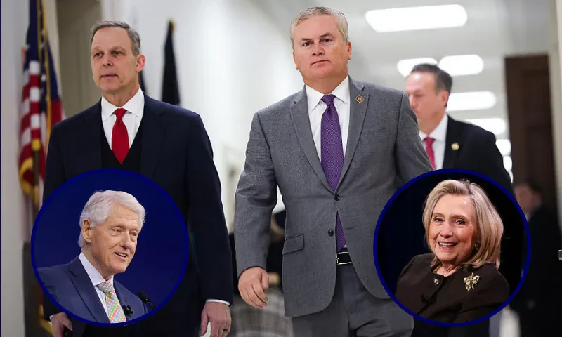 (Background) House Oversight and Government Reform Committee Chairman James Comer (R-KY) and Rep. Scott Perry (R-PA) walk in the hallway after former Secretary of State Hillary Clinton failed to appear for a closed-door deposition in the Rayburn House Office Building on Capitol Hill on January 14, 2026 in Washington, DC. Comer said the committee will vote next week to hold Hillary Clinton and her husband former President Bill Clinton in contempt of Congress for not testifying as part of the committee's investigation into Jeffrey Epstein. (Photo by Kevin Dietsch/Getty Images) / (L) Bill Clinton speaks onstage during the Clinton Global Initiative 2025 Annual Meeting at New York Hilton Midtown on September 25, 2025 in New York City. (Photo by JP Yim/Getty Images for New York Hilton Midtown) / (R) Hillary Clinton speaks during the "Locker Room Talk And Gutsy Women" conversation at 92NY on October 28, 2025 in New York City. (Photo by Arturo Holmes/Getty Images)