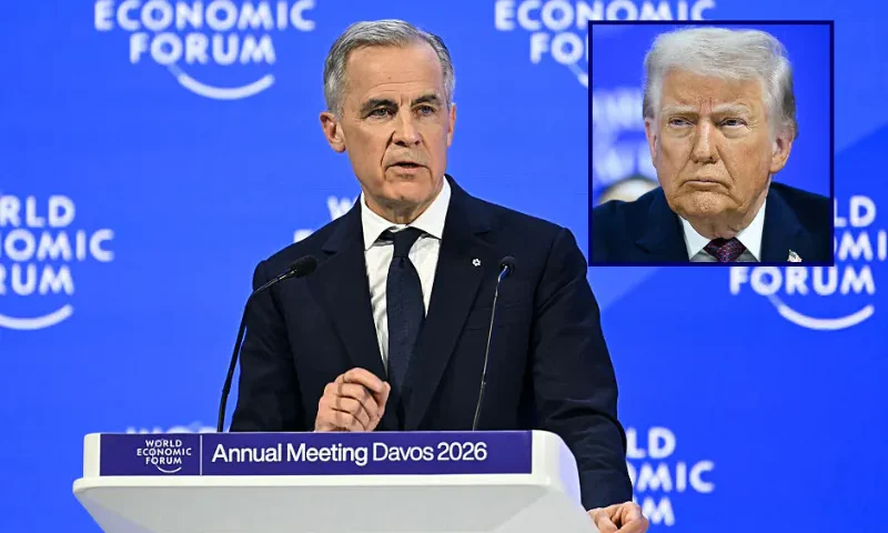 (Background) Canada's Prime Minister Mark Carney delivers a speech during the World Economic Forum (WEF) annual meeting in Davos on January 20, 2026. The World Economic Forum takes place in Davos from January 19 to January 23, 2026. (Photo by Fabrice COFFRINI / AFP via Getty Images) / (R) US President Donald Trump reacts at the "Board of Peace" meeting during the World Economic Forum (WEF) annual meeting in Davos on January 22, 2026. US President Donald Trump will show off his new "Board of Peace" at Davos on January 22, 2026 burnishing his claim to be a peacemaker a day after backing off his own threats against Greenland. Originally meant to oversee the rebuilding of Gaza after the war between Hamas and Israel, the board's charter does not limit its role to the Strip, and has sparked concerns that Trump wants it to rival the United Nations. (Photo by Mandel NGAN / AFP via Getty Images)