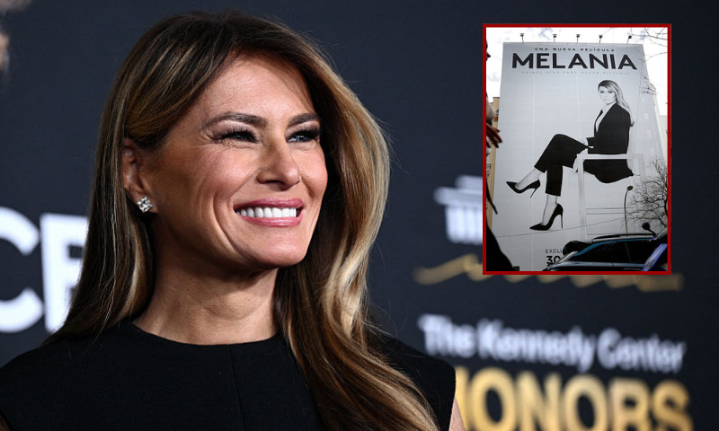 (Background) US President Donald Trump and First Lady Melania Trump arrive for the 48th Kennedy Center Honors gala at the Kennedy Center in Washington, DC, on December 7, 2025. (Photo by Brendan SMIALOWSKI / AFP via Getty Images) / (R) Picture taken in Madrid on January 22, 2026 shows a giant advertising billboard for the documentary film "Melania" about US First Lady Melania Trump. The world premiere for the documentary "MELANIA" will take place at the Trump-Kennedy Center (formerly the Kennedy Center) in Washington, D.C., on the eve of its global theatrical release scheduled for January 30, 2026. (Photo by Thomas COEX / AFP via Getty Images)