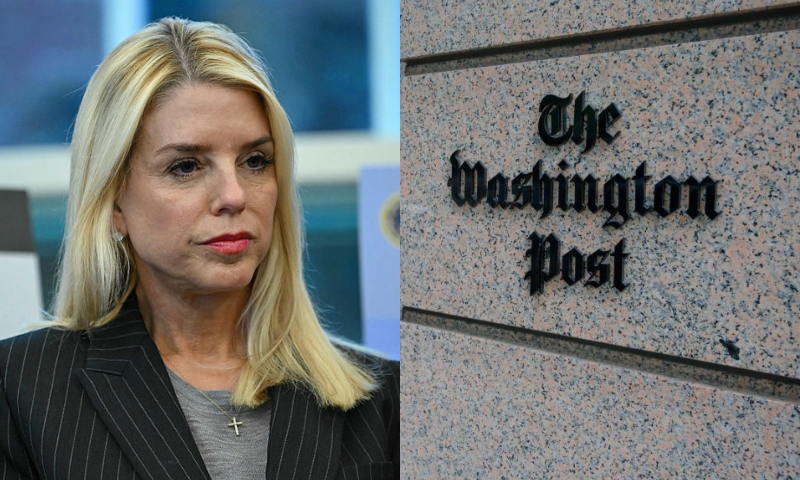 (L) US Attorney General Pam Bondi listens as President Donald Trump speaks to the press in the Oval Office at the White House, in Washington, DC, October 15, 2025. (Photo by ANDREW CABALLERO-REYNOLDS / AFP) (Photo by ANDREW CABALLERO-REYNOLDS/AFP via Getty Images) / (R) The building of the Washington Post newspaper headquarter is seen on K Street in Washington DC on May 16, 2019. - The Washington Post is a major American daily newspaper published in Washington, D.C., with a particular emphasis on national politics and the federal government. It has the largest circulation in the Washington metropolitan area. (Photo by Eric BARADAT / AFP) (Photo by ERIC BARADAT/AFP via Getty Images)