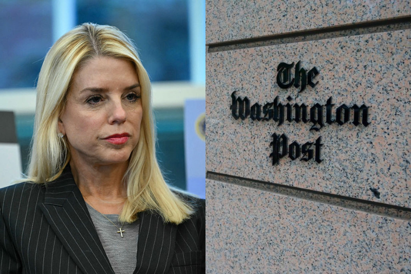 (L) US Attorney General Pam Bondi listens as President Donald Trump speaks to the press in the Oval Office at the White House, in Washington, DC, October 15, 2025. (Photo by ANDREW CABALLERO-REYNOLDS / AFP) (Photo by ANDREW CABALLERO-REYNOLDS/AFP via Getty Images) / (R) The building of the Washington Post newspaper headquarter is seen on K Street in Washington DC on May 16, 2019. - The Washington Post is a major American daily newspaper published in Washington, D.C., with a particular emphasis on national politics and the federal government. It has the largest circulation in the Washington metropolitan area. (Photo by Eric BARADAT / AFP) (Photo by ERIC BARADAT/AFP via Getty Images)
