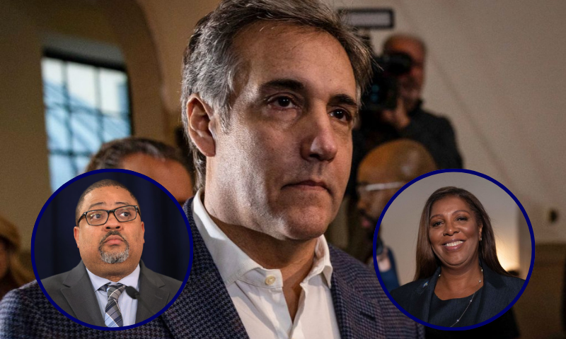 (Background) Michael Cohen returns to the courthouse after a break to resume trial where he is testifying against former US President Donald Trump in New York City on October 24, 2023. As former US President Donald Trump arrived at his New York civil fraud trial Tuesday he blasted his former right-hand man Michael Cohen as a "liar," ahead of testimony by the disgraced lawyer that could expose his old boss's intimate business secrets. (Photo by Alex Kent / AFP) (Photo by ALEX KENT/AFP via Getty Images) / (L) Manhattan District Attorney Alvin Bragg pauses as he speaks during a press conference at the Louis J. Lefkowitz State Office Building on March 21, 2024 in New York City. Bragg announced the indictment of Grimaldi's Pizza owner Anthony Piscina and the pizzeria's Manhattan manager Frank Santora for $20,000 in wage theft from at least seven employees at the Grimaldi's Flatiron location. They are both charged with Scheme to Defraud and seven counts of Failure to Pay Wages in accordance with Labor Law. (Photo by Michael M. Santiago/Getty Images) / (R) New York State Attorney General Letitia James returns after a lunch break in the Trump Organization civil fraud trial, at the New York State Supreme Court in New York City on November 8, 2023. The former president's daughter left the Trump Organization in 2017 to become a White House advisor and is not a codefendant in the case. Trump, his sons Don Jr and Eric, and other Trump Organization executives are accused of exaggerating the value of their real estate assets by billions of dollars to obtain more favorable bank loans and insurance terms. (Photo by Adam GRAY / AFP) (Photo by ADAM GRAY/AFP via Getty Images)